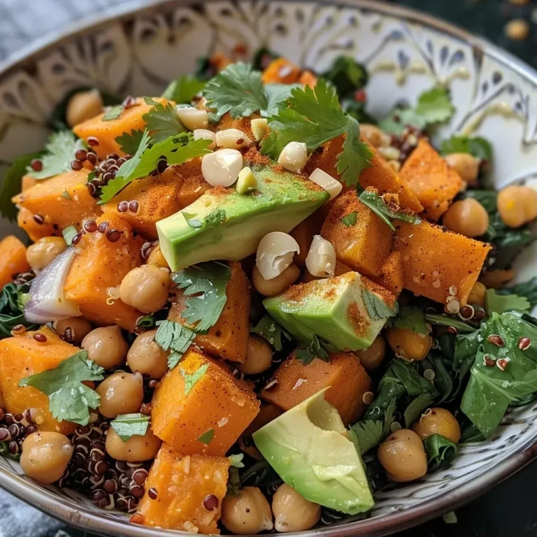 ['Close-up view of a vibrant sweet potato quinoa bowl topped with fresh spinach and chickpeas.', 'Side angle of a delicious sweet potato quinoa dish featuring almond sauce and avocado slices.', 'Colorful presentation of a quinoa bowl with roasted sweet potatoes, garnished with hemp hearts and cilantro.', 'Appetizing quinoa bowl filled with chickpeas, sweet potato, and a drizzle of almond sauce.']