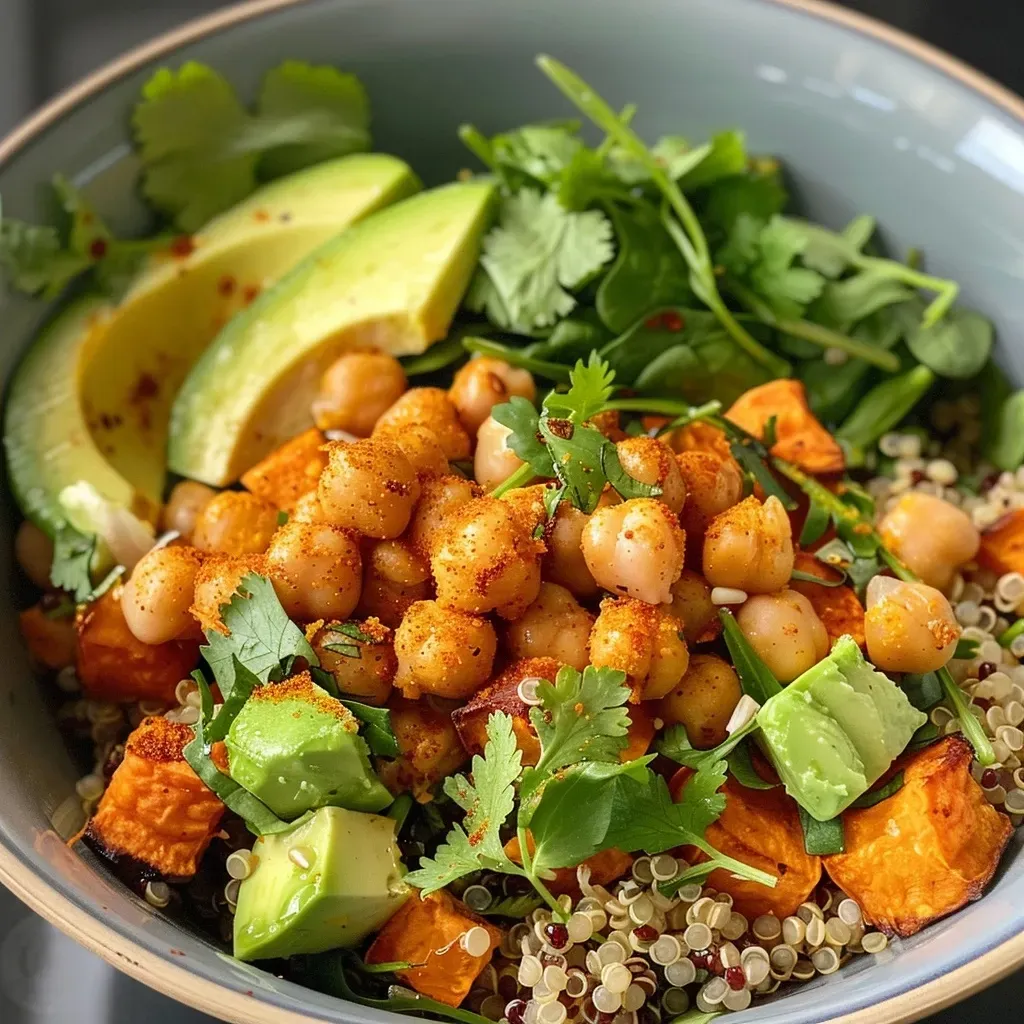 ['Close-up view of a vibrant sweet potato quinoa bowl topped with fresh spinach and chickpeas.', 'Side angle of a delicious sweet potato quinoa dish featuring almond sauce and avocado slices.', 'Colorful presentation of a quinoa bowl with roasted sweet potatoes, garnished with hemp hearts and cilantro.', 'Appetizing quinoa bowl filled with chickpeas, sweet potato, and a drizzle of almond sauce.']