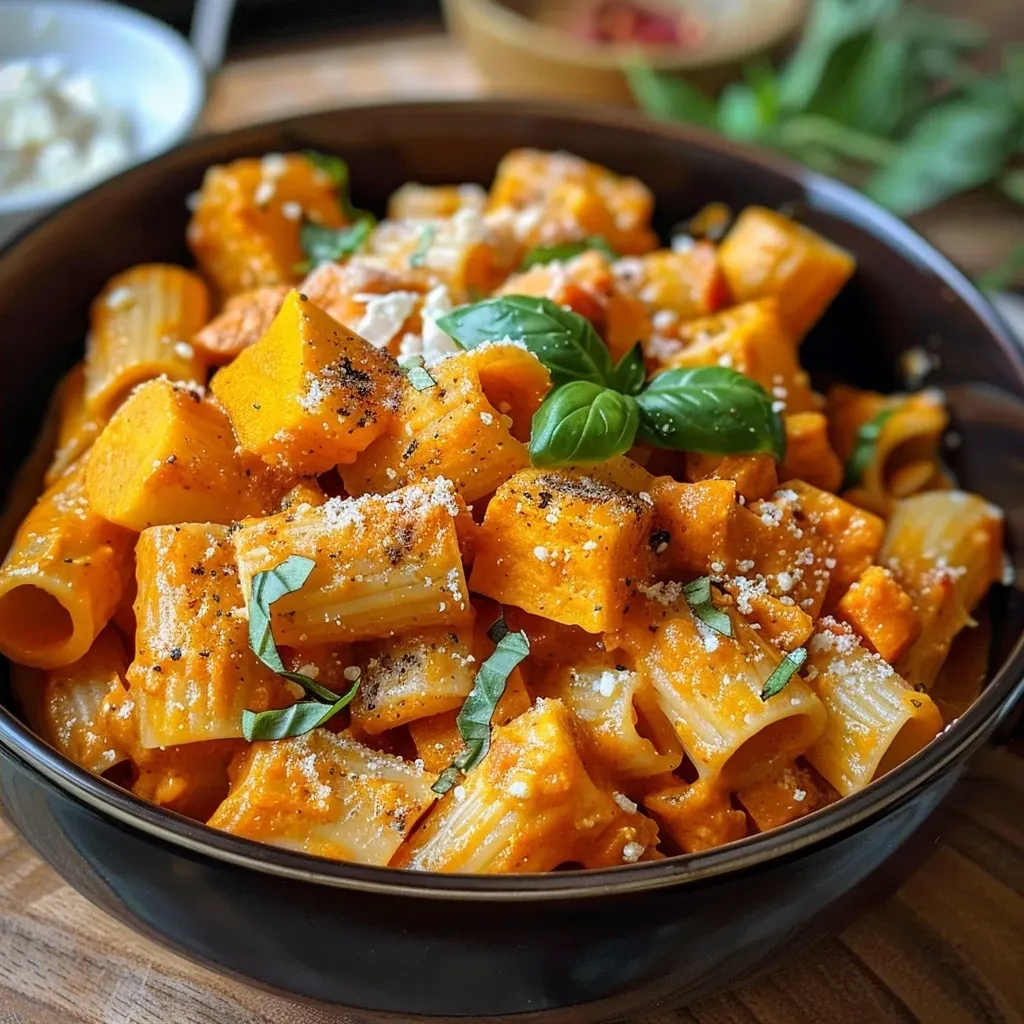 Close-up view of sweet potato ricotta pasta, showcasing creamy sauce and colorful ingredients.