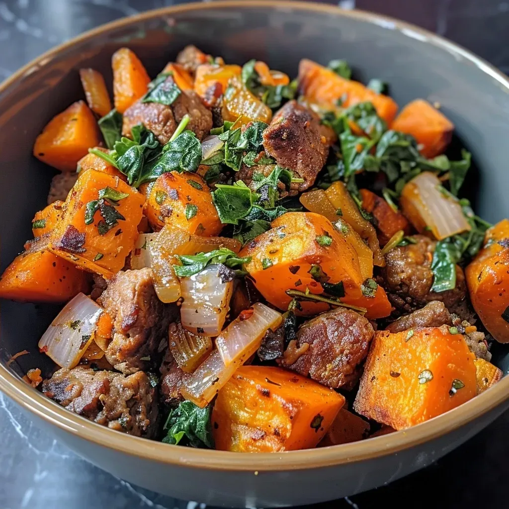['A close-up view of a Sweet Potato Beef Bowl with colorful ingredients.', 'Side view of a hearty Sweet Potato Beef Bowl featuring ground beef and sweet potatoes.', 'Juicy Sweet Potato Beef Bowl with vibrant vegetables and spices in a bowl.', 'Delicious Sweet Potato Beef Bowl showcasing seasoned beef and garnished with spinach.']