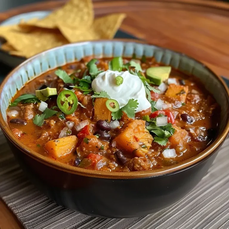 ['Close-up view of Sweet Potato Black Bean Chili with vibrant colors and textured ingredients.', 'A delicious bowl of chili featuring sweet potatoes and black beans, garnished with herbs.', 'Side angle of a hearty Sweet Potato Black Bean Chili, showcasing its rich, hearty texture.', 'An appetizing close-up of chili filled with chunks of sweet potatoes and black beans in a vibrant sauce.']