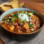 ['A close-up view of a hearty Sweet Potato Black Bean Chili in a bowl, garnished with avocado and cilantro.', 'Side view of colorful Sweet Potato Black Bean Chili, featuring diced sweet potatoes, black beans, and toppings.', 'Detailed shot of a steaming bowl of Sweet Potato Black Bean Chili with fresh garnishes and tortilla strips.', 'Vibrant Sweet Potato Black Bean Chili displayed in a rustic bowl, showcasing its chunky texture and colorful ingredients.']