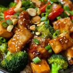 ['Close-up view of Teriyaki chicken stir-fry with vibrant vegetables.', 'Juicy pieces of chicken stir-fried with broccoli and bell pepper in a saucy glaze.', 'Side view of a colorful Teriyaki chicken dish featuring cashews and sesame seeds.', 'Detailed image of Teriyaki chicken stir-fry garnished with green onions and sesame seeds.']