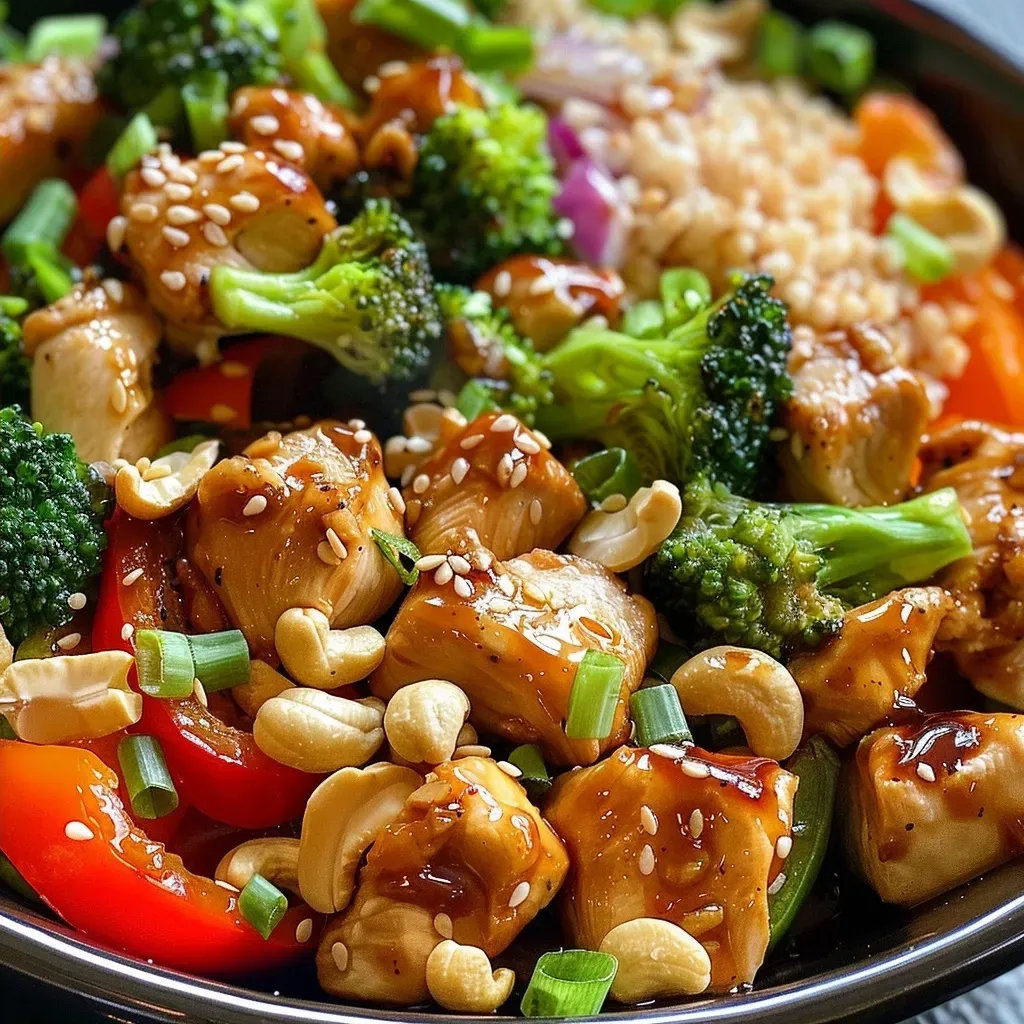 ['Close-up view of Teriyaki chicken stir-fry with vibrant vegetables.', 'Juicy pieces of chicken stir-fried with broccoli and bell pepper in a saucy glaze.', 'Side view of a colorful Teriyaki chicken dish featuring cashews and sesame seeds.', 'Detailed image of Teriyaki chicken stir-fry garnished with green onions and sesame seeds.']