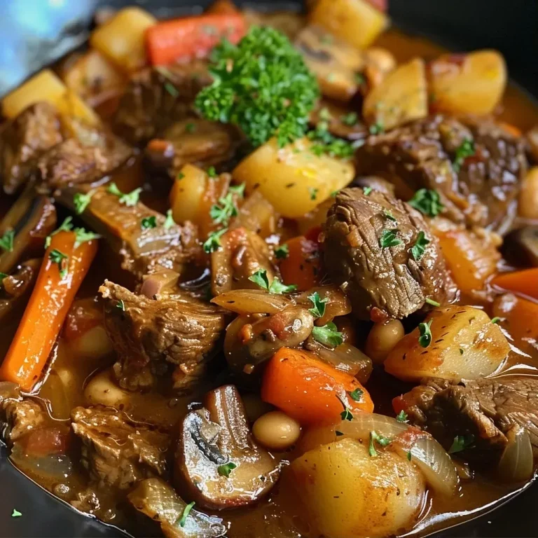 ['A close-up side view of a juicy Tuscan beef casserole in a bowl, showcasing ingredients like beef, vegetables, and herbs.', 'A richly colored Tuscan beef casserole displayed in a rustic bowl, highlighting chunks of beef and vibrant vegetables.', 'An appetizing side view of a hearty Tuscan beef casserole, featuring stewing beef and a mix of fresh herbs and vegetables.', 'A detailed shot of a savory Tuscan beef casserole, showing layers of beef, tomatoes, beans, and herbs.']