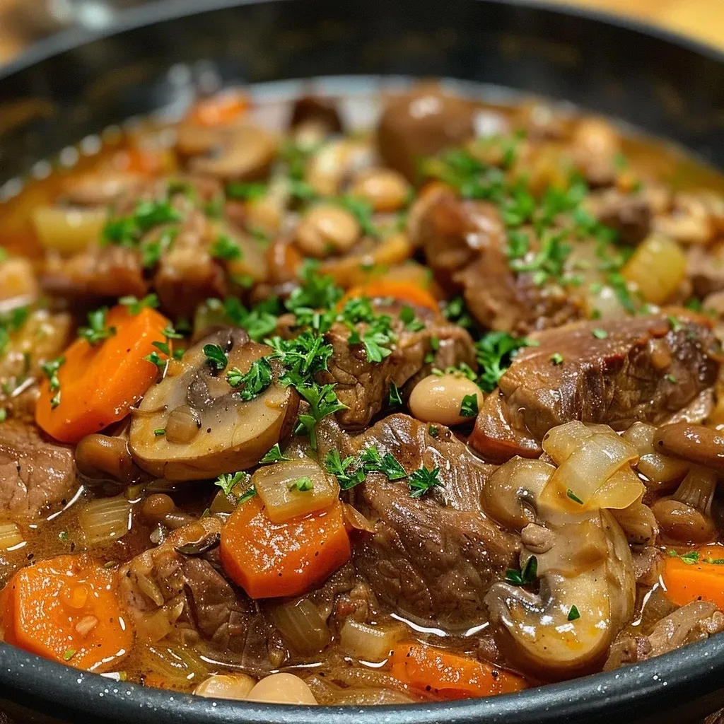 A close-up side view of a juicy Tuscan beef casserole in a bowl, showcasing ingredients like beef, vegetables, and herbs.