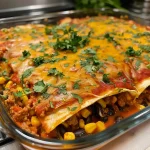 ['Close-up view of a turkey enchilada casserole with melted cheese on top.', 'Side angle of a layered turkey enchilada casserole showing vibrant ingredients.', 'Juicy turkey enchilada casserole with corn and black beans, topped with cheese.', 'Delicious turkey enchilada casserole in a dish, showcasing colorful layers.']