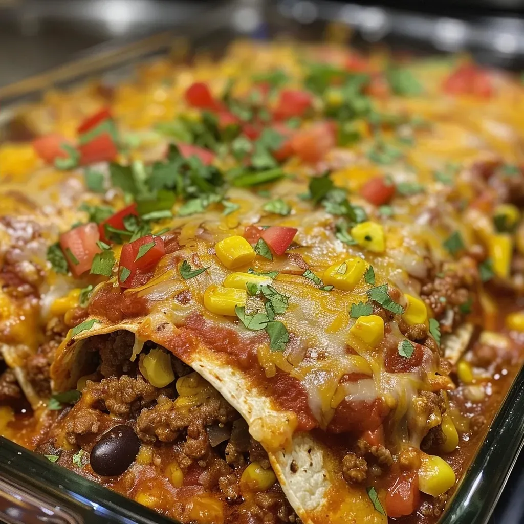 ['Close-up view of a turkey enchilada casserole with melted cheese on top.', 'Side angle of a layered turkey enchilada casserole showing vibrant ingredients.', 'Juicy turkey enchilada casserole with corn and black beans, topped with cheese.', 'Delicious turkey enchilada casserole in a dish, showcasing colorful layers.']