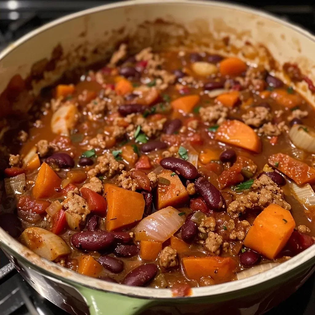 Close-up of a bowl of Turkey Pumpkin White Bean Chili with vibrant colors.