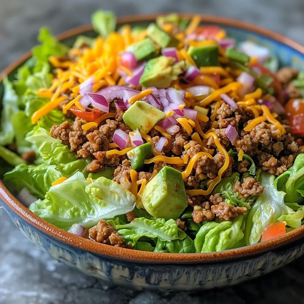 Close-up of a colorful Turkey Taco Salad with vibrant vegetables and toppings.