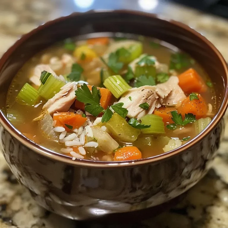 ['Close-up view of a bowl of turkey soup with chunks of vegetables and rice.', 'Side view of a steaming bowl of homemade turkey soup, garnished with herbs.', 'Rich turkey soup featuring pieces of turkey, carrots, and celery in a broth.', 'Appetizing turkey soup in a bowl, showing the fresh ingredients inside.']