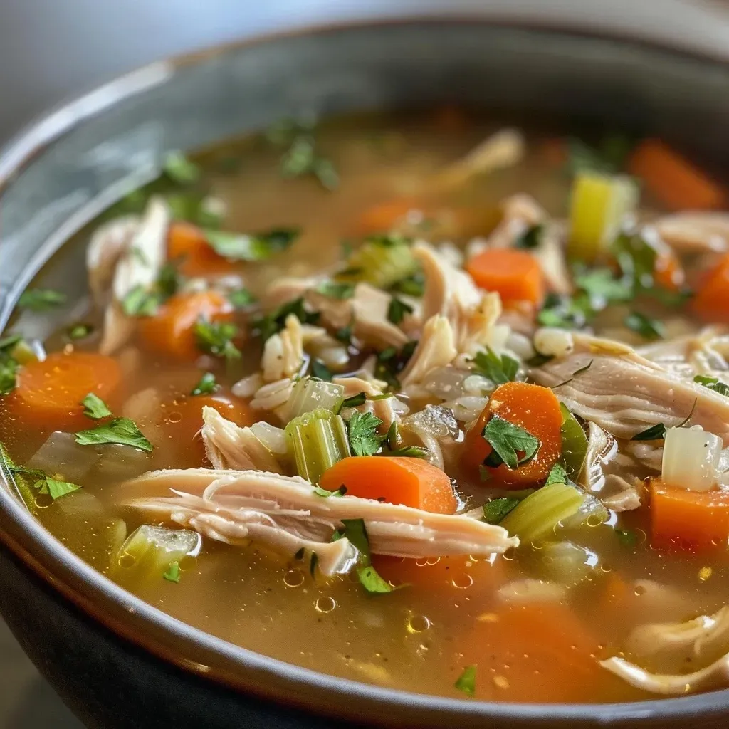 ['Close-up view of a bowl of turkey soup with chunks of vegetables and rice.', 'Side view of a steaming bowl of homemade turkey soup, garnished with herbs.', 'Rich turkey soup featuring pieces of turkey, carrots, and celery in a broth.', 'Appetizing turkey soup in a bowl, showing the fresh ingredients inside.']