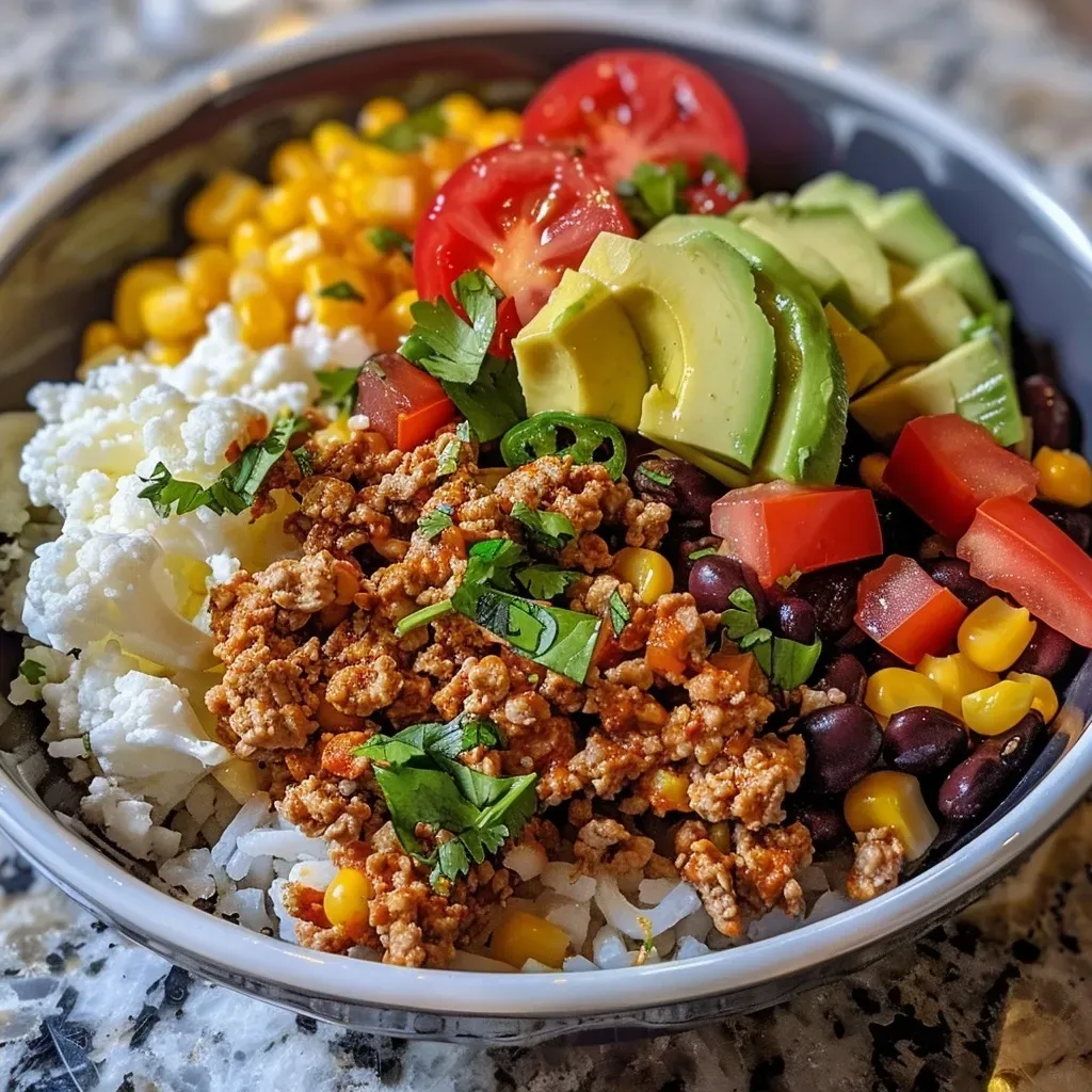 ['Close-up view of a turkey burrito meal prep bowl featuring ground turkey, corn, and black beans.', 'Side angle of a colorful turkey burrito bowl filled with cauliflower rice and topped with fresh veggies.', 'Juicy turkey burrito bowl showcasing layered ingredients like chopped tomatoes and avocado.', 'Vibrant turkey burrito meal prep bowl with a variety of toppings, including cheese and cilantro.']