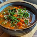 ['Close-up side view of a bowl of Turkey, Kale, and Rice Soup, filled with vibrant vegetables and turkey.', 'A steaming bowl of Turkish vegetable soup with kale, turkey, and rice, showcasing fresh ingredients.', 'Detailed view of a hearty soup featuring ground turkey, carrots, kale, and rice in a rustic bowl.', 'A colorful Turkish soup with kale and ground turkey, highlighted by diced tomatoes and carrots.']