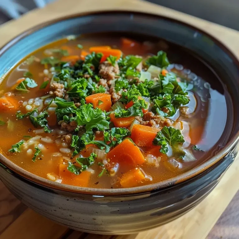 ['Close-up side view of a bowl of Turkey, Kale, and Rice Soup, filled with vibrant vegetables and turkey.', 'A steaming bowl of Turkish vegetable soup with kale, turkey, and rice, showcasing fresh ingredients.', 'Detailed view of a hearty soup featuring ground turkey, carrots, kale, and rice in a rustic bowl.', 'A colorful Turkish soup with kale and ground turkey, highlighted by diced tomatoes and carrots.']