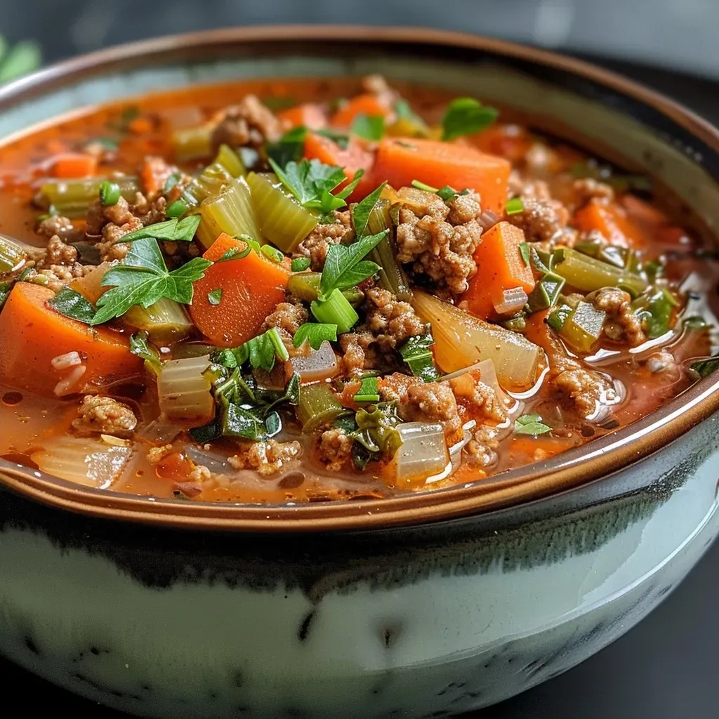 ['Close-up side view of a bowl of Turkey, Kale, and Rice Soup, filled with vibrant vegetables and turkey.', 'A steaming bowl of Turkish vegetable soup with kale, turkey, and rice, showcasing fresh ingredients.', 'Detailed view of a hearty soup featuring ground turkey, carrots, kale, and rice in a rustic bowl.', 'A colorful Turkish soup with kale and ground turkey, highlighted by diced tomatoes and carrots.']