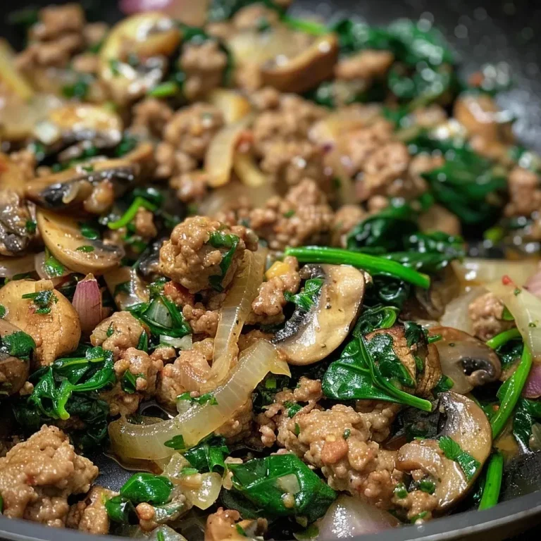 ['Close-up view of a turkey spinach mushroom skillet filled with sautéed vegetables.', 'A vibrant skillet showing ground turkey, fresh spinach, and sliced mushrooms.', 'A flavorful mixture of ground turkey, spinach, and mushrooms in a frying pan.', 'Side view of a delicious turkey and spinach dish cooking in a skillet.']