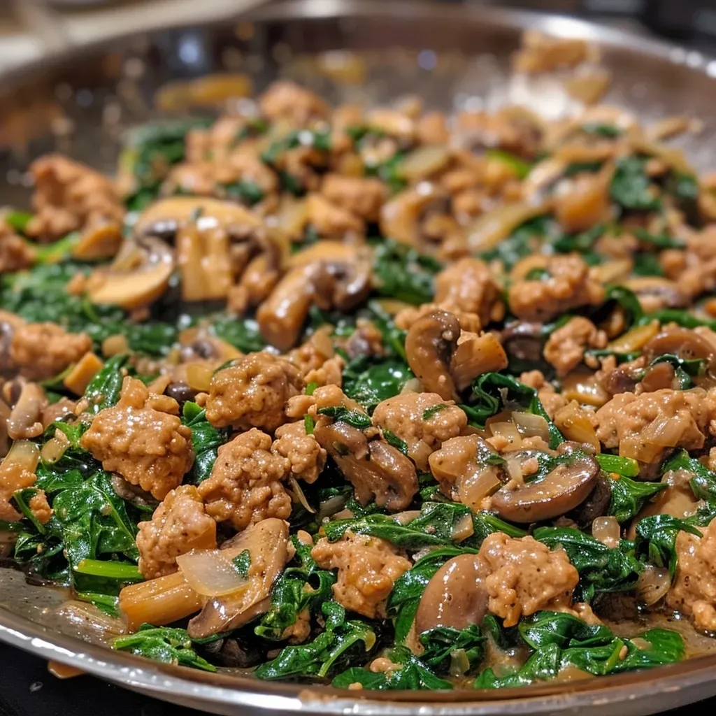 Close-up view of a turkey spinach mushroom skillet filled with sautéed vegetables.
