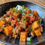 ['Close-up view of a skillet featuring ground turkey and diced sweet potatoes.', 'Side view of a colorful ground turkey and sweet potato dish garnished with green onions.', 'Juicy ground turkey mixed with sweet potatoes, black beans, and cheese in a skillet.', 'A vibrant skillet meal showcasing ground turkey, sweet potatoes, and fresh toppings.']