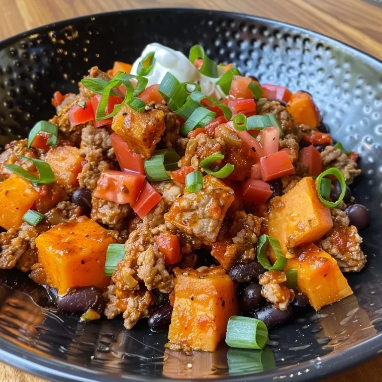 ['Close-up view of a skillet featuring ground turkey and diced sweet potatoes.', 'Side view of a colorful ground turkey and sweet potato dish garnished with green onions.', 'Juicy ground turkey mixed with sweet potatoes, black beans, and cheese in a skillet.', 'A vibrant skillet meal showcasing ground turkey, sweet potatoes, and fresh toppings.']
