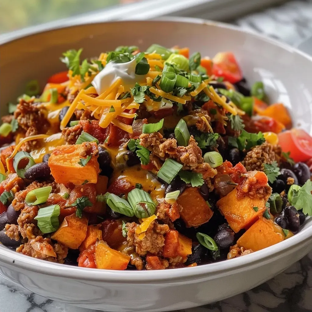 Close-up view of a skillet featuring ground turkey and diced sweet potatoes.