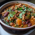 ['Close-up view of a bowl of Turkey Pumpkin Chili topped with cilantro and cheese.', 'Side view of a hearty Turkey Pumpkin Chili with beans and pumpkin, served in a rustic bowl.', 'Juicy Turkey Pumpkin Chili garnished with avocado and sour cream, showcased in a vibrant bowl.', 'A delicious serving of Turkey Pumpkin Chili, featuring turkey, beans, and pumpkin puree.']