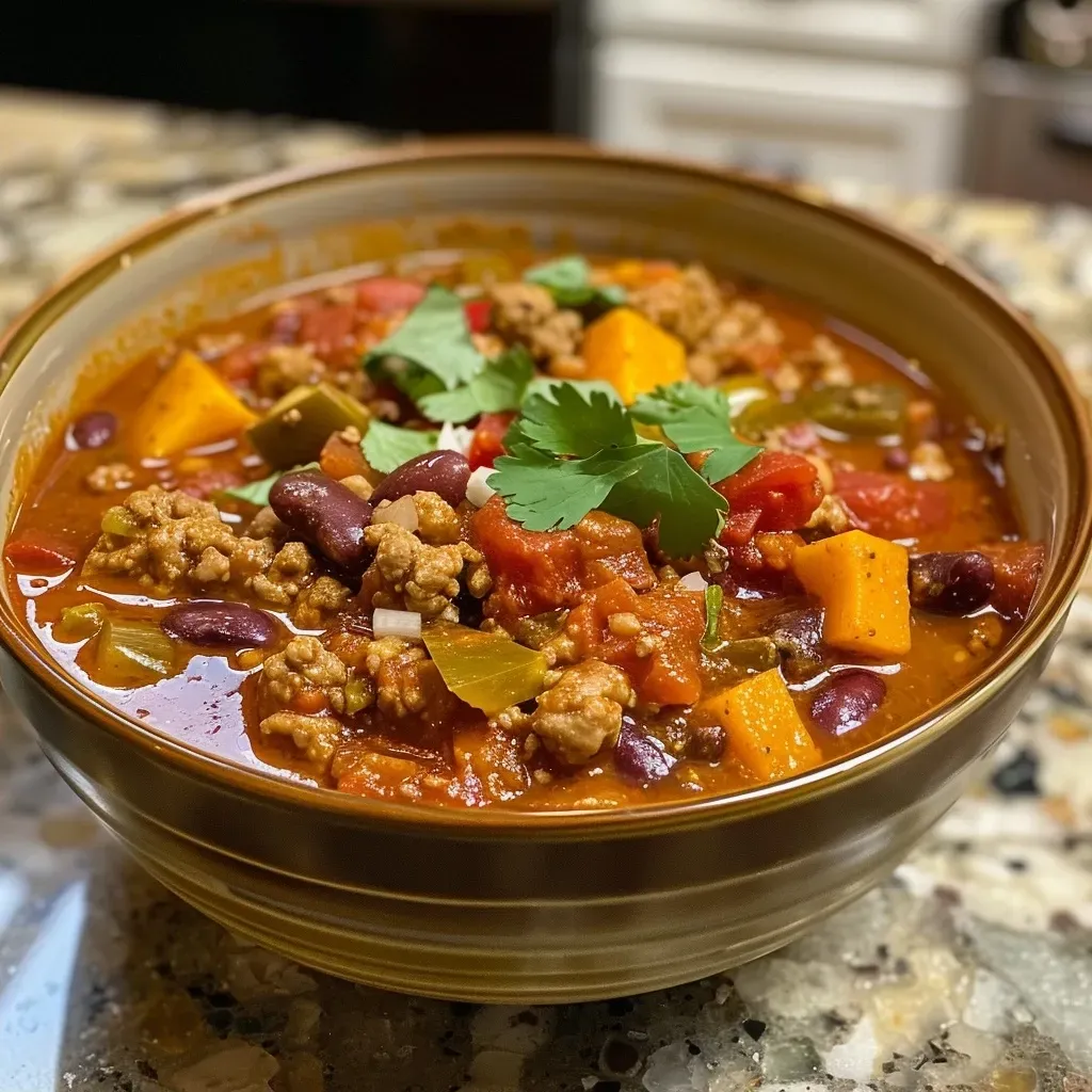 Close-up view of a bowl of Turkey Pumpkin Chili topped with cilantro and cheese.