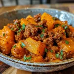 ['Close-up of a skillet filled with ground turkey and pumpkin mixture.', 'Colorful ground turkey and pumpkin dish in a dark skillet.', 'Juicy ground turkey and pumpkin sauté in a frying pan.', 'Side view of turkey and pumpkin skillet showcasing vibrant ingredients.']