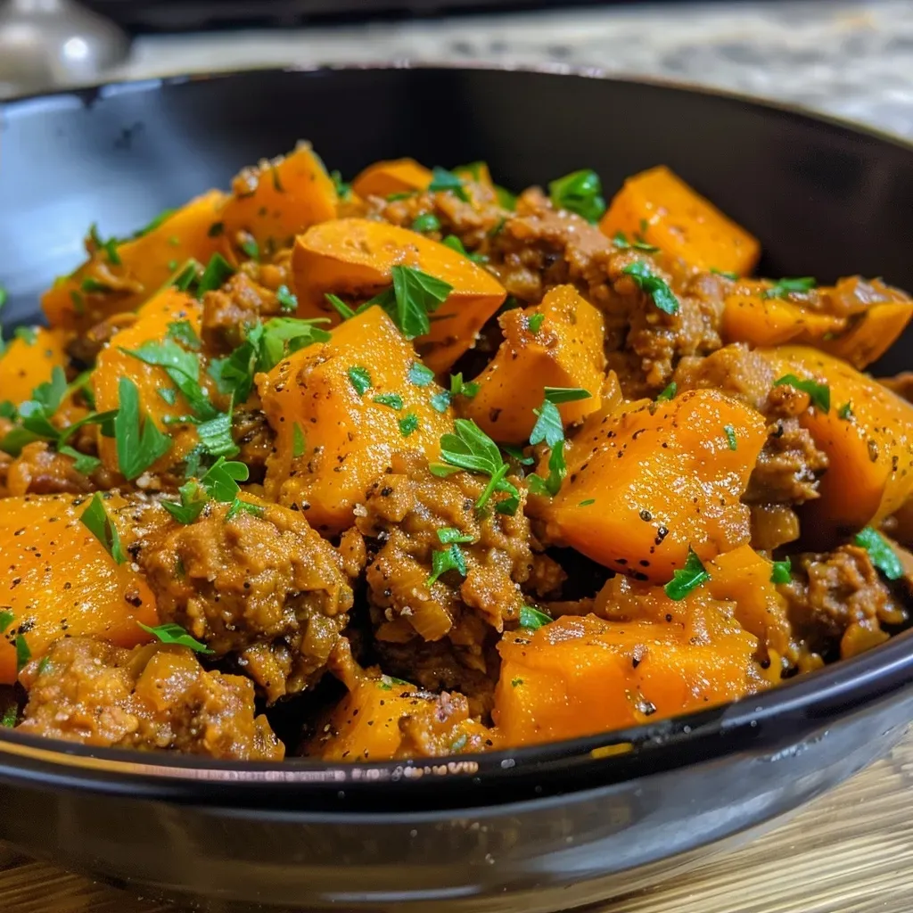 ['Close-up of a skillet filled with ground turkey and pumpkin mixture.', 'Colorful ground turkey and pumpkin dish in a dark skillet.', 'Juicy ground turkey and pumpkin sauté in a frying pan.', 'Side view of turkey and pumpkin skillet showcasing vibrant ingredients.']