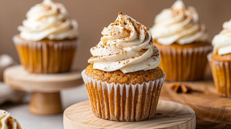 ['Close-up view of healthy pumpkin cupcakes topped with cream cheese frosting.', 'Side view of moist pumpkin cupcakes with smooth cream cheese icing, showcasing their texture.', 'Delicious pumpkin cupcakes decorated with creamy frosting, highlighting their appealing details.', 'Juicy pumpkin cupcakes with cream cheese frosting, emphasizing their inviting appearance.']