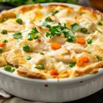 ['Close-up side view of a crustless chicken pot pie with colorful vegetables.', 'Juicy, golden crustless chicken pot pie with visible chunks of chicken and vegetables.', 'Deliciously presented crustless chicken pot pie featuring peas, carrots, and broth.', 'Side view of a protein-rich chicken pot pie highlighting creamy texture and vibrant ingredients.']