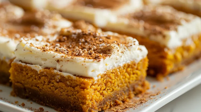 ['Close-up view of classic pumpkin bars topped with cream cheese frosting.', 'Sliced pumpkin bars with a smooth cream cheese layer, highlighted in natural light.', 'Side view of moist pumpkin bars, adorned with a dusting of powdered sugar.', 'A delicious serving of Kürbis bars with creamy frosting on a rustic surface.']