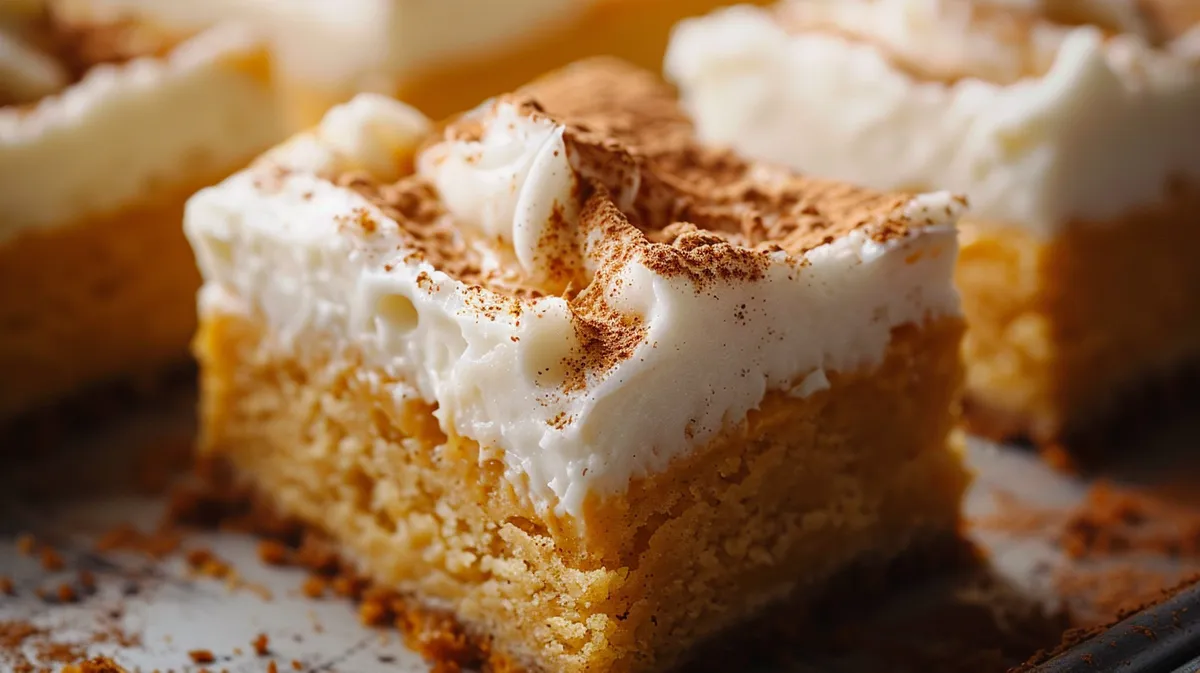 ['Close-up view of classic pumpkin bars topped with cream cheese frosting.', 'Sliced pumpkin bars with a smooth cream cheese layer, highlighted in natural light.', 'Side view of moist pumpkin bars, adorned with a dusting of powdered sugar.', 'A delicious serving of Kürbis bars with creamy frosting on a rustic surface.']