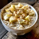 ['Close-up view of high protein apple cinnamon overnight oats in a clear jar, topped with apple slices.', 'Side view of creamy overnight oats featuring apples and cinnamon, served in a glass container.', 'Close-up image of overnight oats with a colorful mix of apples and cinnamon, garnished with chia seeds.', 'Detailed view of a jar of high protein overnight oats showing layered ingredients, including oats and chopped apples.']