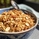 ['A close-up side view of healthy granola featuring oats, nuts, and seeds.', 'Delicious granola with almonds, sunflower seeds, and coconut flakes in focus.', 'A close-up shot showing the texture of homemade granola ingredients.', 'Colorful granola mix including oats and seeds arranged attractively.']
