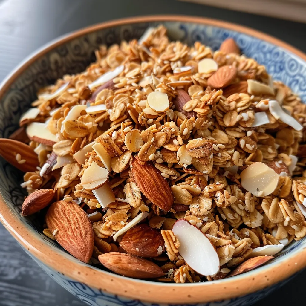 ['A close-up side view of healthy granola featuring oats, nuts, and seeds.', 'Delicious granola with almonds, sunflower seeds, and coconut flakes in focus.', 'A close-up shot showing the texture of homemade granola ingredients.', 'Colorful granola mix including oats and seeds arranged attractively.']