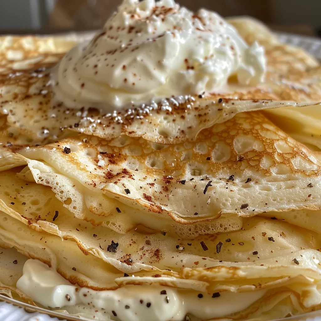 ['Close-up view of pumpkin crepes filled with maple cream cheese, drizzled with syrup.', 'Side view of golden-brown pumpkin crepes stacked on a plate, showcasing the creamy filling.', 'Juicy pumpkin crepes with a rich maple cream cheese filling, garnished elegantly.', 'Delicious Kürbiscrepes with a creamy, sweet filling served on a rustic dish.']
