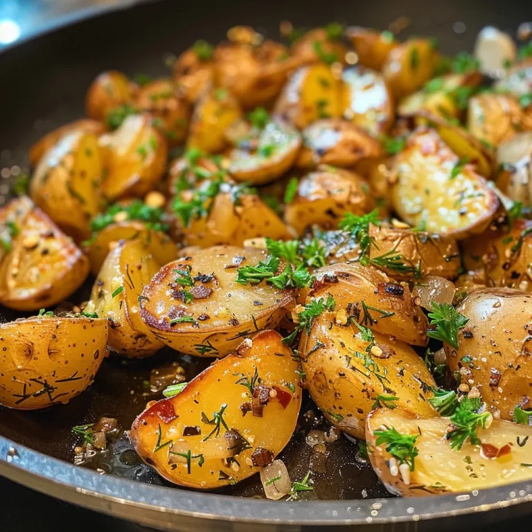 ['Close-up view of perfectly roasted garlic and herb potatoes with golden brown edges.', 'Juicy fingerling potatoes garnished with fresh parsley and dill, showcasing a hearty texture.', 'Sliced garlic and herb potatoes arranged artfully, glistening with olive oil.', 'A side view of roasted potatoes featuring sprigs of parsley and bits of garlic.']