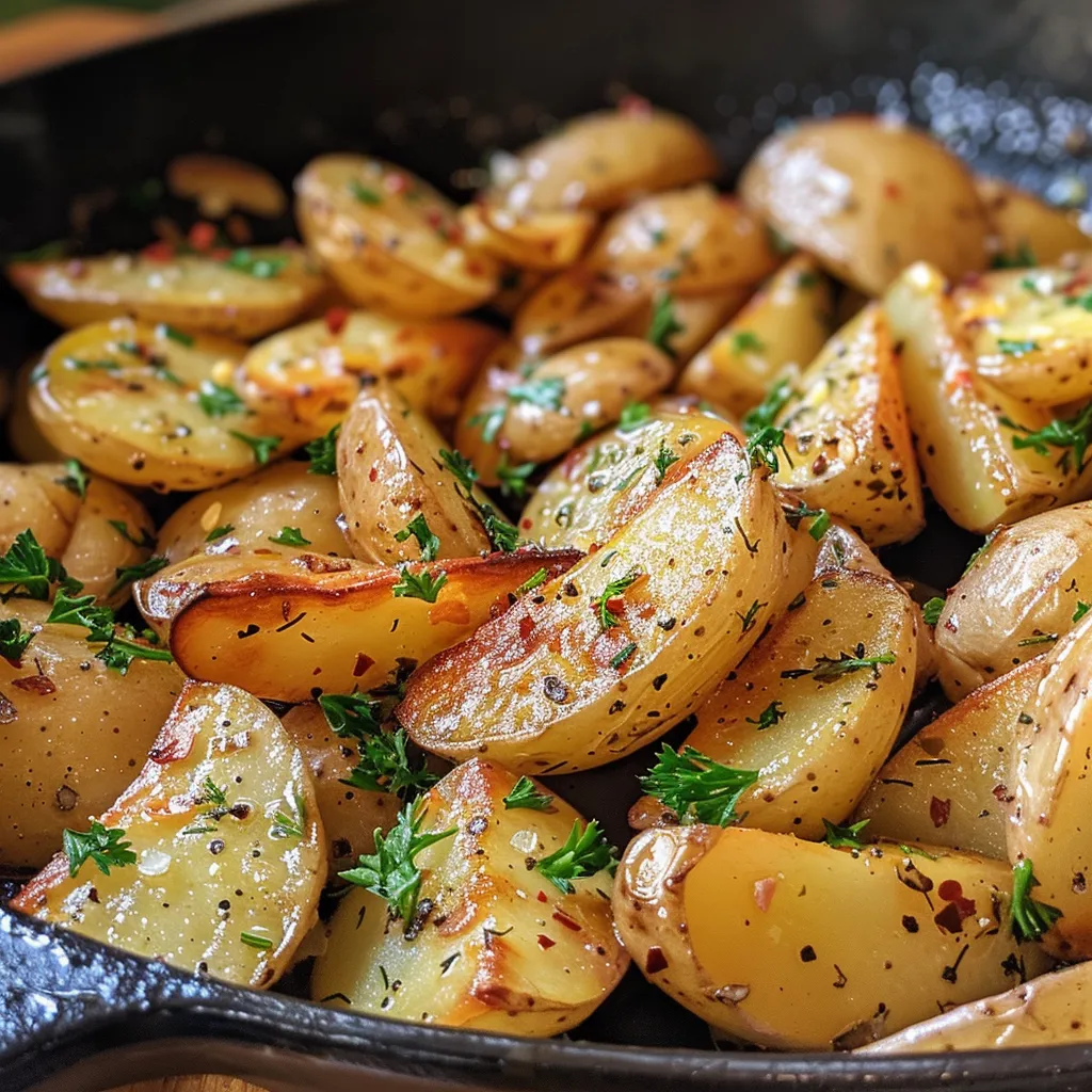 ['Close-up view of perfectly roasted garlic and herb potatoes with golden brown edges.', 'Juicy fingerling potatoes garnished with fresh parsley and dill, showcasing a hearty texture.', 'Sliced garlic and herb potatoes arranged artfully, glistening with olive oil.', 'A side view of roasted potatoes featuring sprigs of parsley and bits of garlic.']