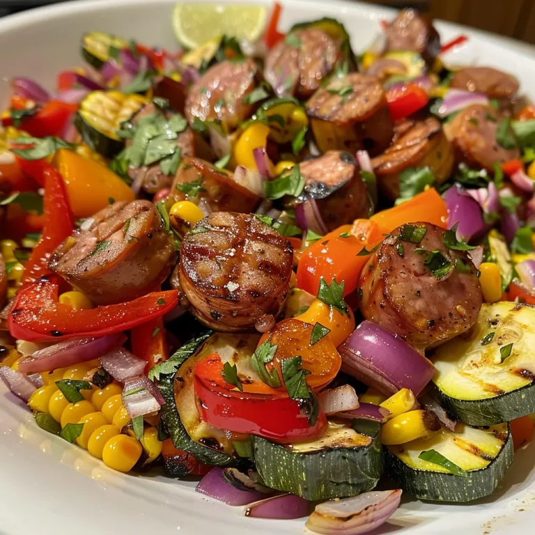 ['Close-up view of a Summer Sausage Skillet featuring Andouille sausage and vibrant vegetables.', 'Juicy Summer Sausage Skillet with colorful peppers, zucchini, and corn, captured from the side.', 'A skillet filled with Andouille sausage, red and orange peppers, zucchini, and fresh herbs.', 'Side view of a delicious skillet dish with sliced Andouille sausage and assorted vegetables.']