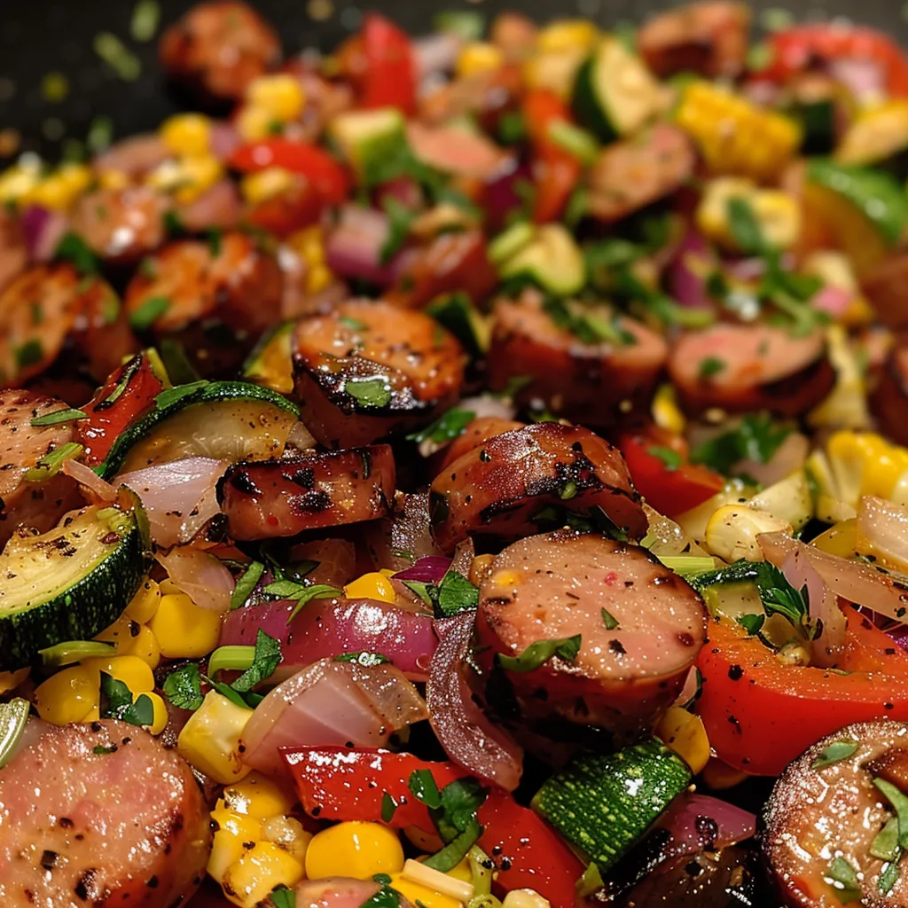 Close-up view of a Summer Sausage Skillet featuring Andouille sausage and vibrant vegetables.