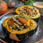 ['Close-up view of a halved acorn squash stuffed with colorful vegetables and grains.', 'Side view of a vegetarian acorn squash filled with chickpeas, mushrooms, and cheese.', 'Juicy stuffed acorn squash displaying vibrant spinach, walnuts, and cranberries.', 'Acorn squash cut open, revealing a hearty filling of rice and seasoning.']