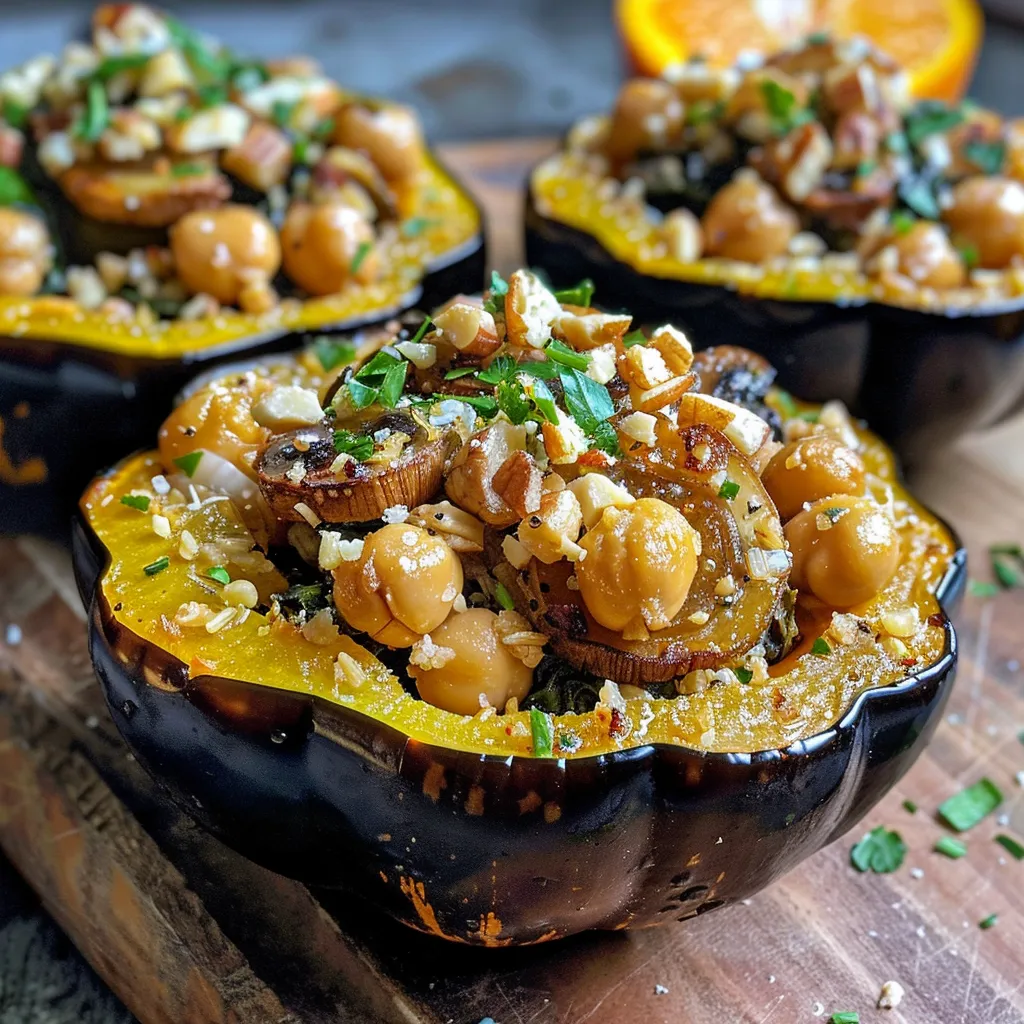 ['Close-up view of a halved acorn squash stuffed with colorful vegetables and grains.', 'Side view of a vegetarian acorn squash filled with chickpeas, mushrooms, and cheese.', 'Juicy stuffed acorn squash displaying vibrant spinach, walnuts, and cranberries.', 'Acorn squash cut open, revealing a hearty filling of rice and seasoning.']