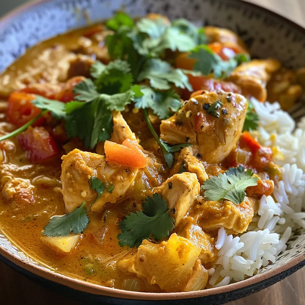 Close-up view of a bowl of pumpkin chicken curry with vibrant colors.