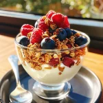 ['Close-up of a maple parfait layered with yogurt, granola, and fresh berries.', 'Side view of a delicious parfait in a glass, showcasing yogurt, granola, and colorful fruits.', 'Creamy yogurt parfait with layers of granola, blueberries, and raspberries topped with maple syrup.', 'A beautifully arranged maple parfait highlighting rich yogurt and vibrant fruit toppings.']