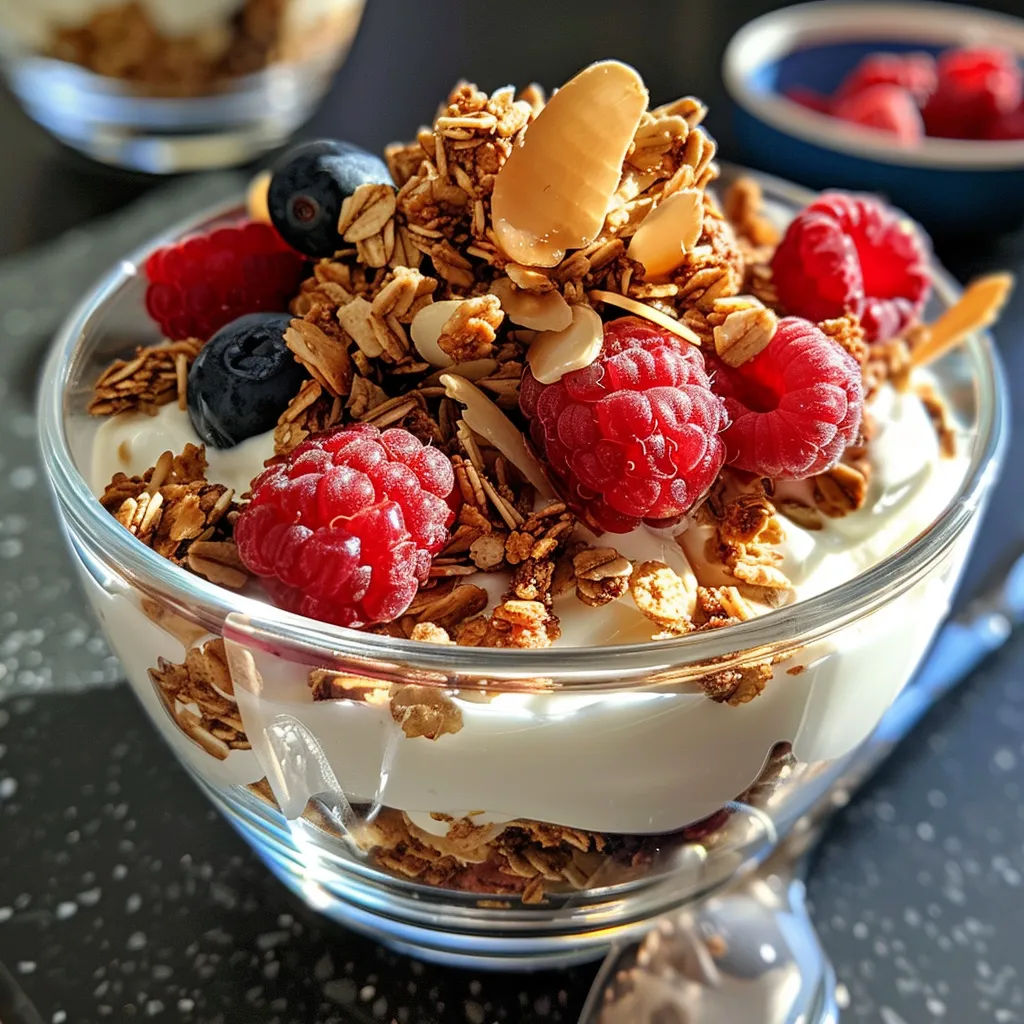 ['Close-up of a maple parfait layered with yogurt, granola, and fresh berries.', 'Side view of a delicious parfait in a glass, showcasing yogurt, granola, and colorful fruits.', 'Creamy yogurt parfait with layers of granola, blueberries, and raspberries topped with maple syrup.', 'A beautifully arranged maple parfait highlighting rich yogurt and vibrant fruit toppings.']