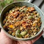 ['Close-up of high protein pumpkin spice granola in a bowl, showing oats, walnuts, and pumpkin seeds.', 'Side view of crunchy pumpkin spice granola with visible ingredients like pumpkin seeds and walnuts.', 'Detailed view of a bowl filled with high protein granola, featuring oats, flax seeds, and pumpkin puree.', 'Textured granola mix in a bowl, highlighting the mixture of oats, nuts, and spices.']