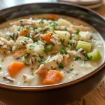 ['Close-up side view of creamy chicken soup with wild rice and vegetables.', 'Bowl of creamy wild rice chicken soup with visible chunks of chicken and fresh vegetables.', 'Side view of delicious creamy wild rice chicken soup, featuring vibrant carrots and celery.', 'Rich, creamy chicken soup with wild rice and colorful vegetables in a bowl.']