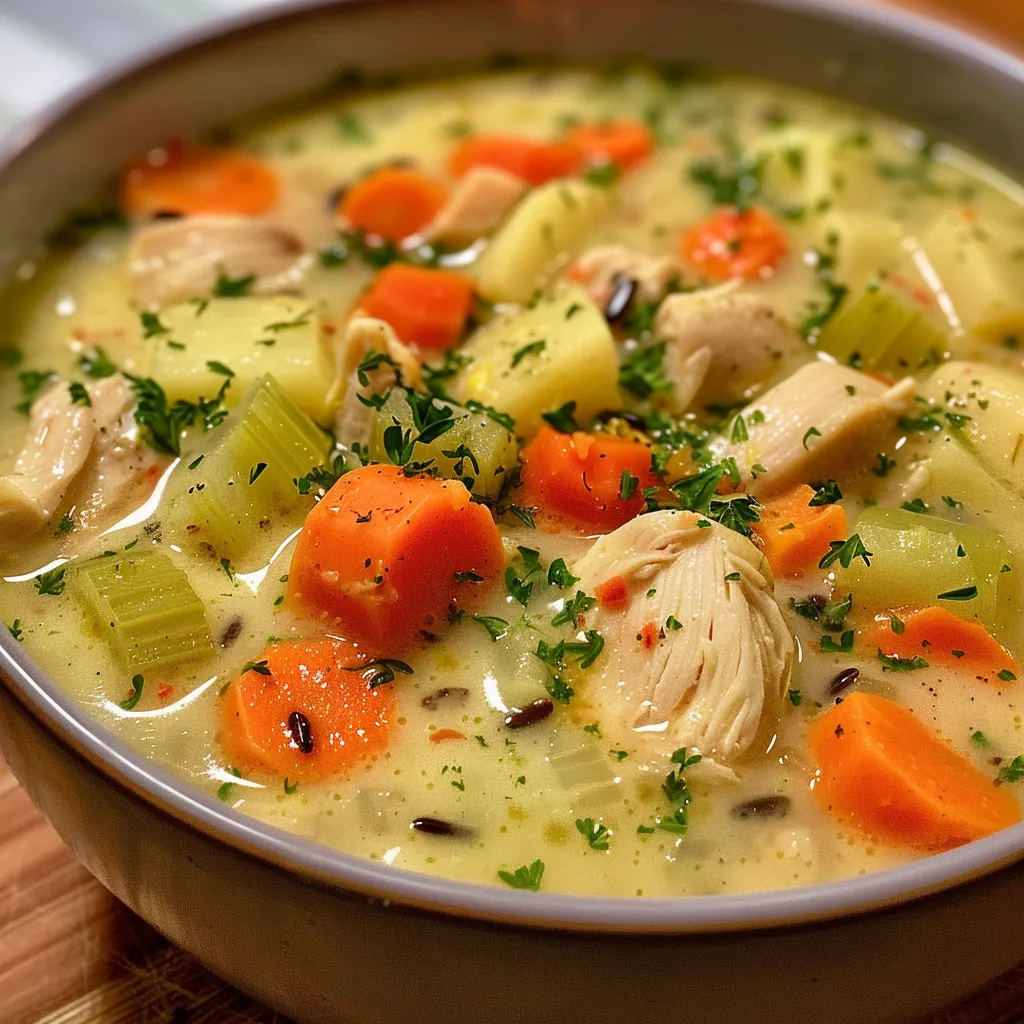 Close-up side view of creamy chicken soup with wild rice and vegetables.