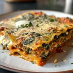 ['Close-up view of a slice of vegetarian pumpkin spinach lasagna on a plate.', 'Side view of a deliciously layered pumpkin and spinach lasagna garnished with fresh herbs.', 'Juicy vegetarian lasagna showcasing layers of pumpkin, spinach, and cheese.', 'A hearty slice of pumpkin spinach lasagna with melted cheese on top.']